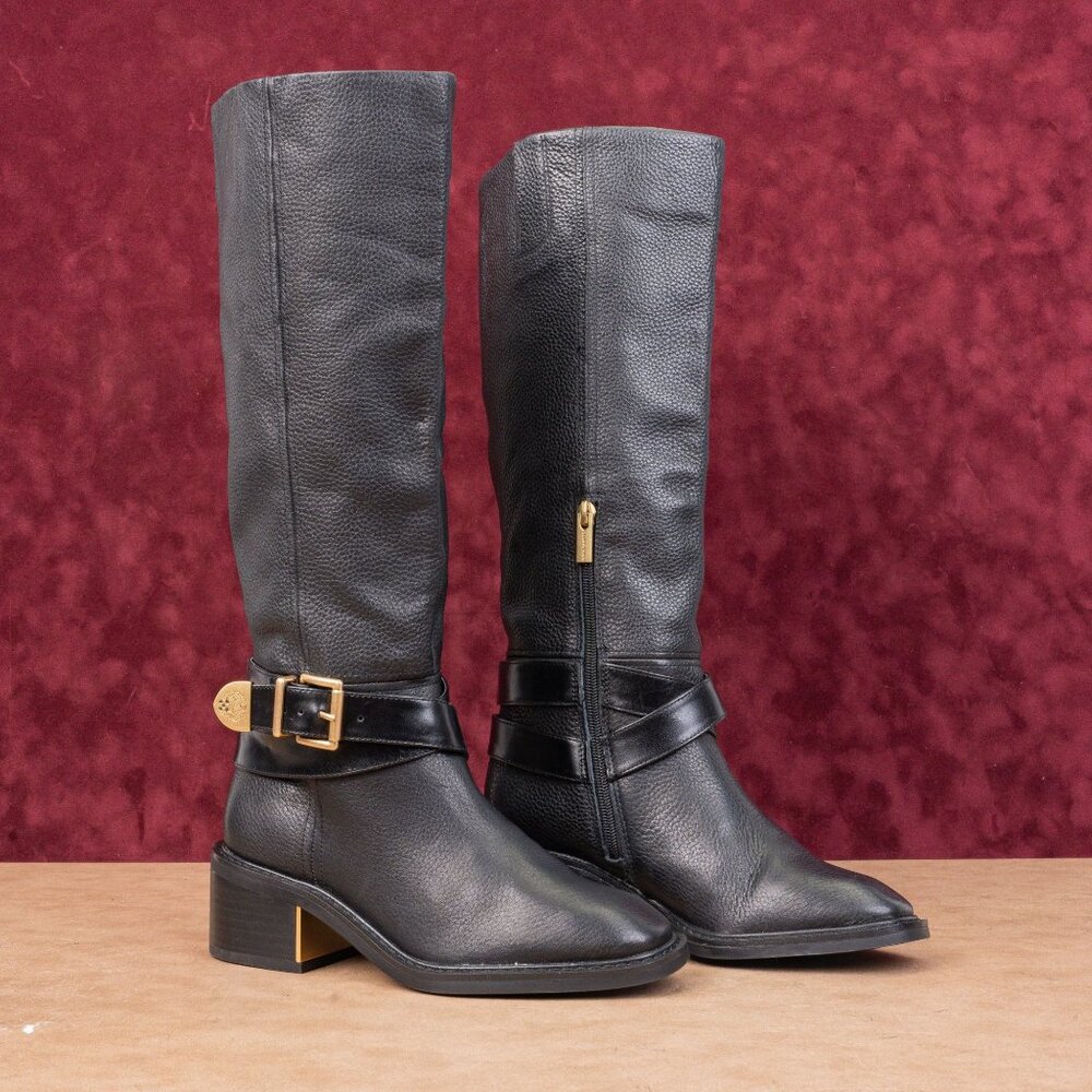 Vince Camuto Women Gin Black Leather Strap Stack heel Fashion Knee Boots sz 7